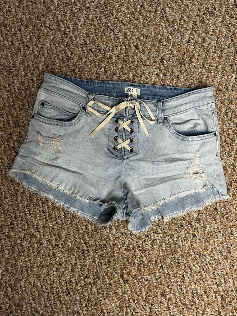 Billabong Light Blue Lace-Up Low Rise Distressed Denim Shorts